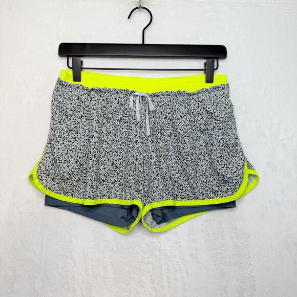 NIKE Dri-Fit Flex 2 In 1 Training Shorts Wolf Grey/Volt Neon Spotted Womens Sz M - Picture 1 of 7